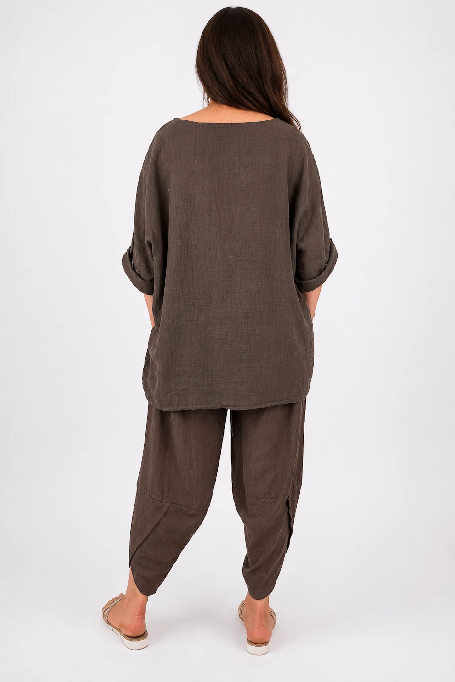 Pure Cotton Linen Look Italia Necklace Top - Chocolate