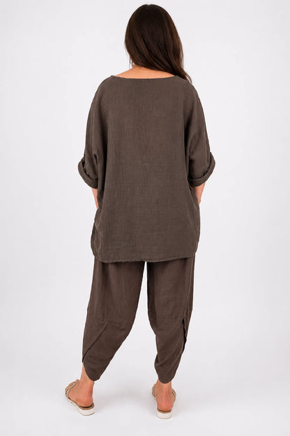 Pure Cotton Linen Look Italia Necklace Top - Chocolate