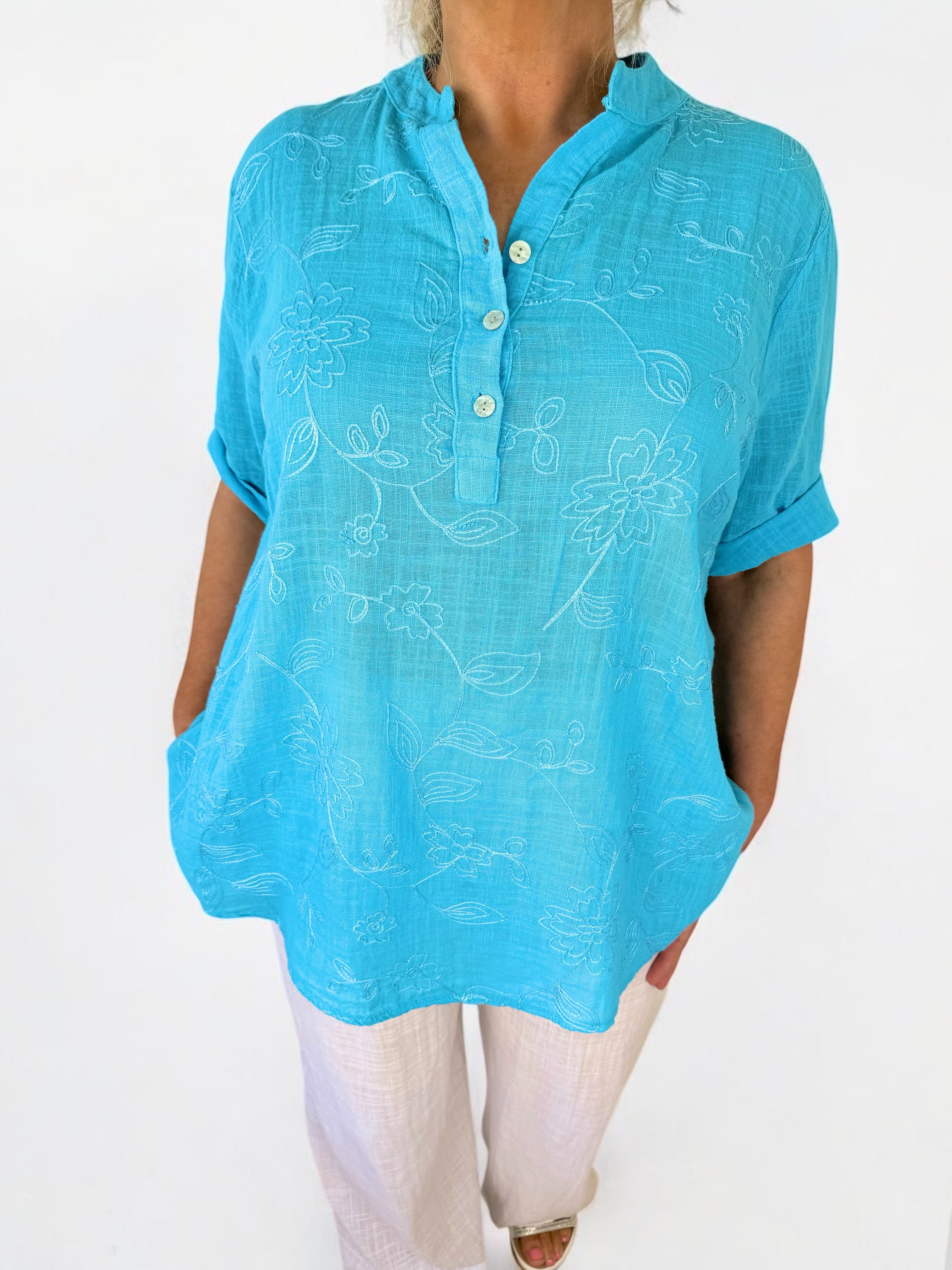Pure Cotton Embroidery Anglaise Button Sleeve Elara Shirt - Turquoise