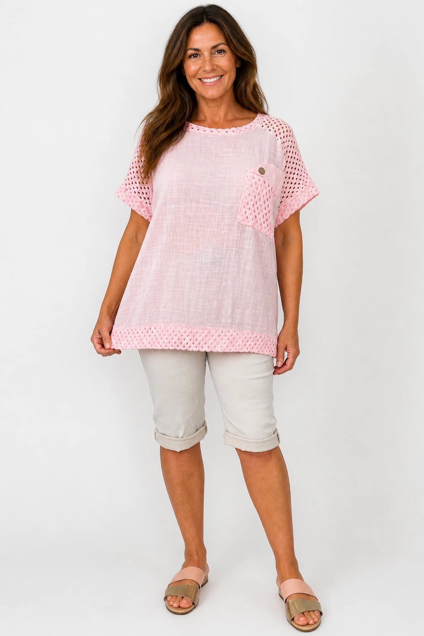 Pure Cotton Crochet Detail Button Pocket Palermo Top - Baby Pink