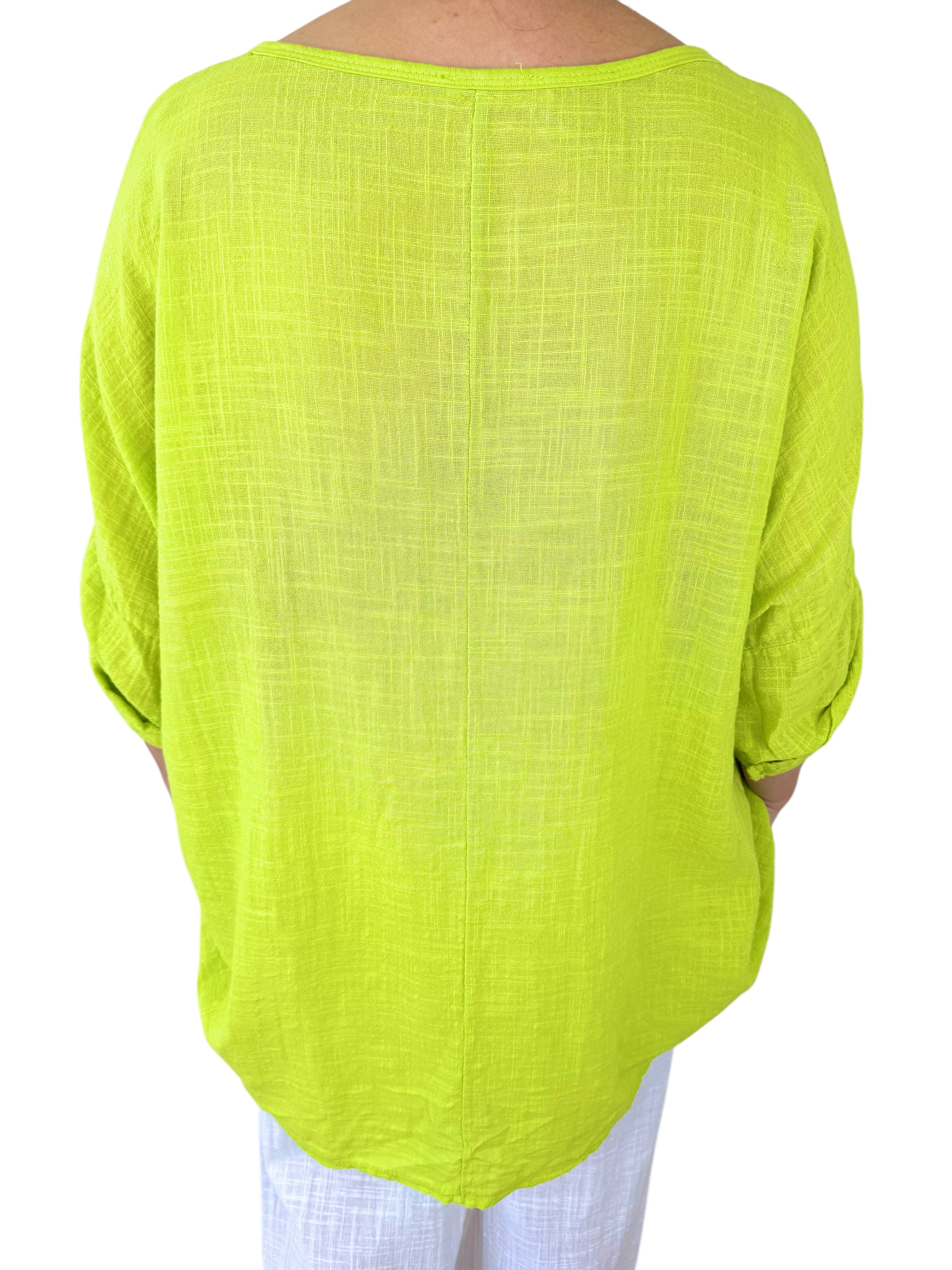 Pure Cotton Pocket Detail Button Sleeve Venice Necklace Top - Lime