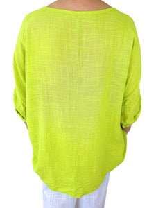 Pure Cotton Pocket Detail Button Sleeve Venice Necklace Top - Lime