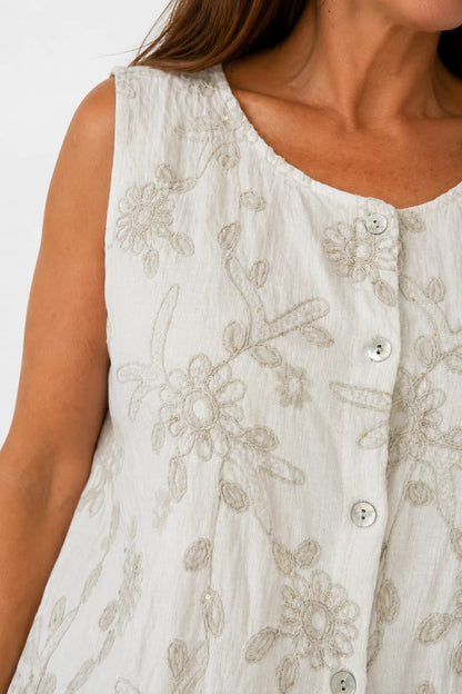Embroidery Anglaise Golden Sequin Valentina Button Sleeveless Top - Stone