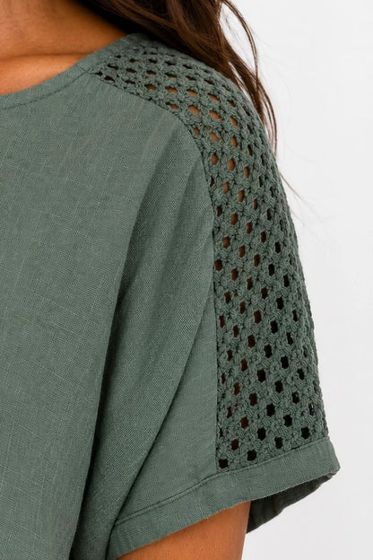 Pure Cotton Crochet Detail Francesca Necklace Top - Khaki