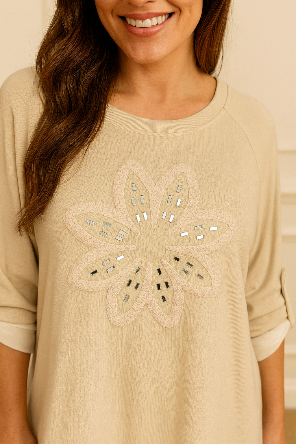 Luxury Knit Button Sleeve Sasia Sparkle Flower Top - Beige