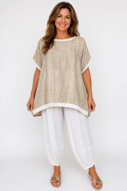 Crochet Lattice Trim Lightly Textured Marsi Top - Washed Beige