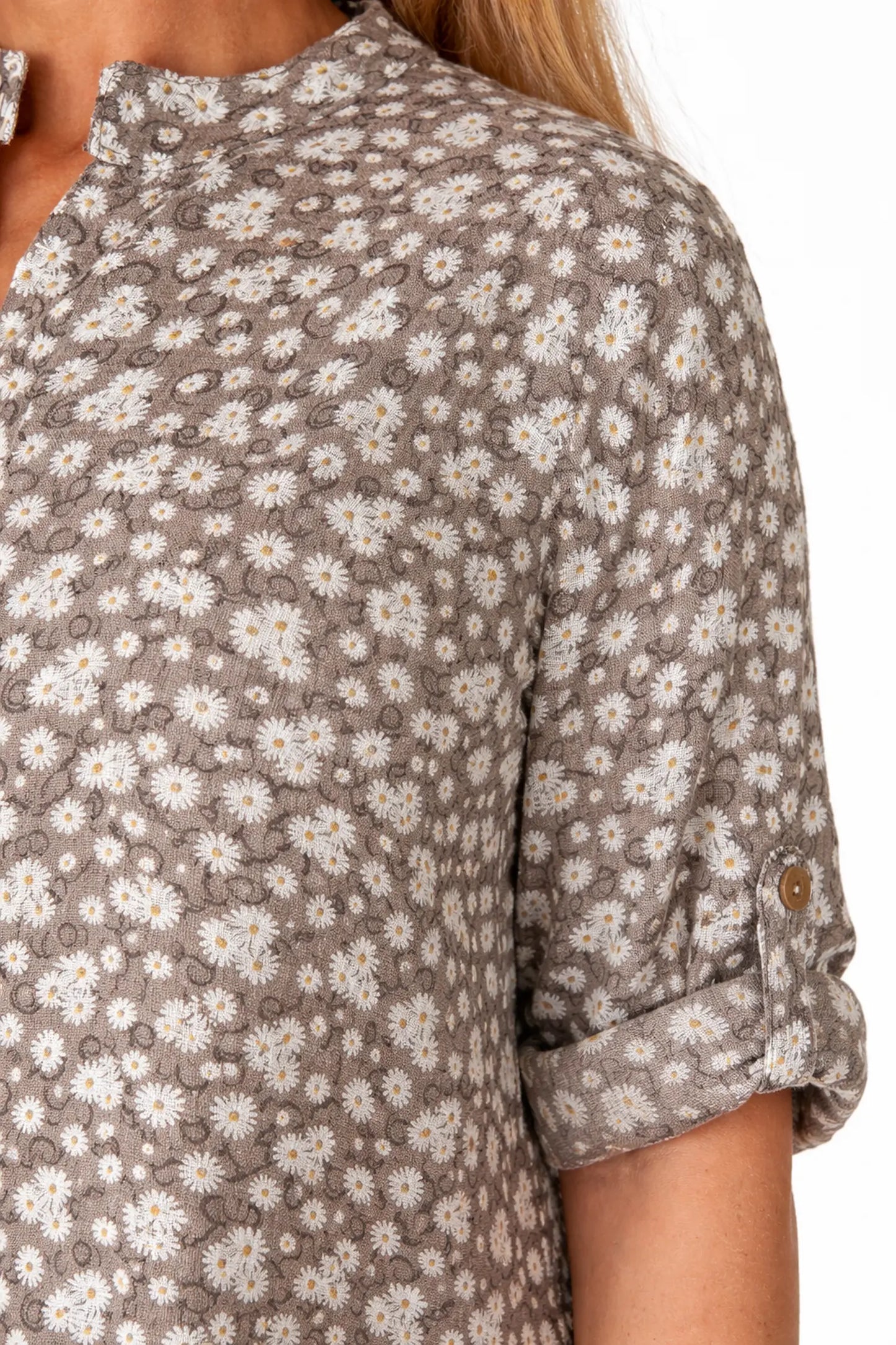 Linen Look Cotton Button Sleeve Daisy Button Shirt - Mocha