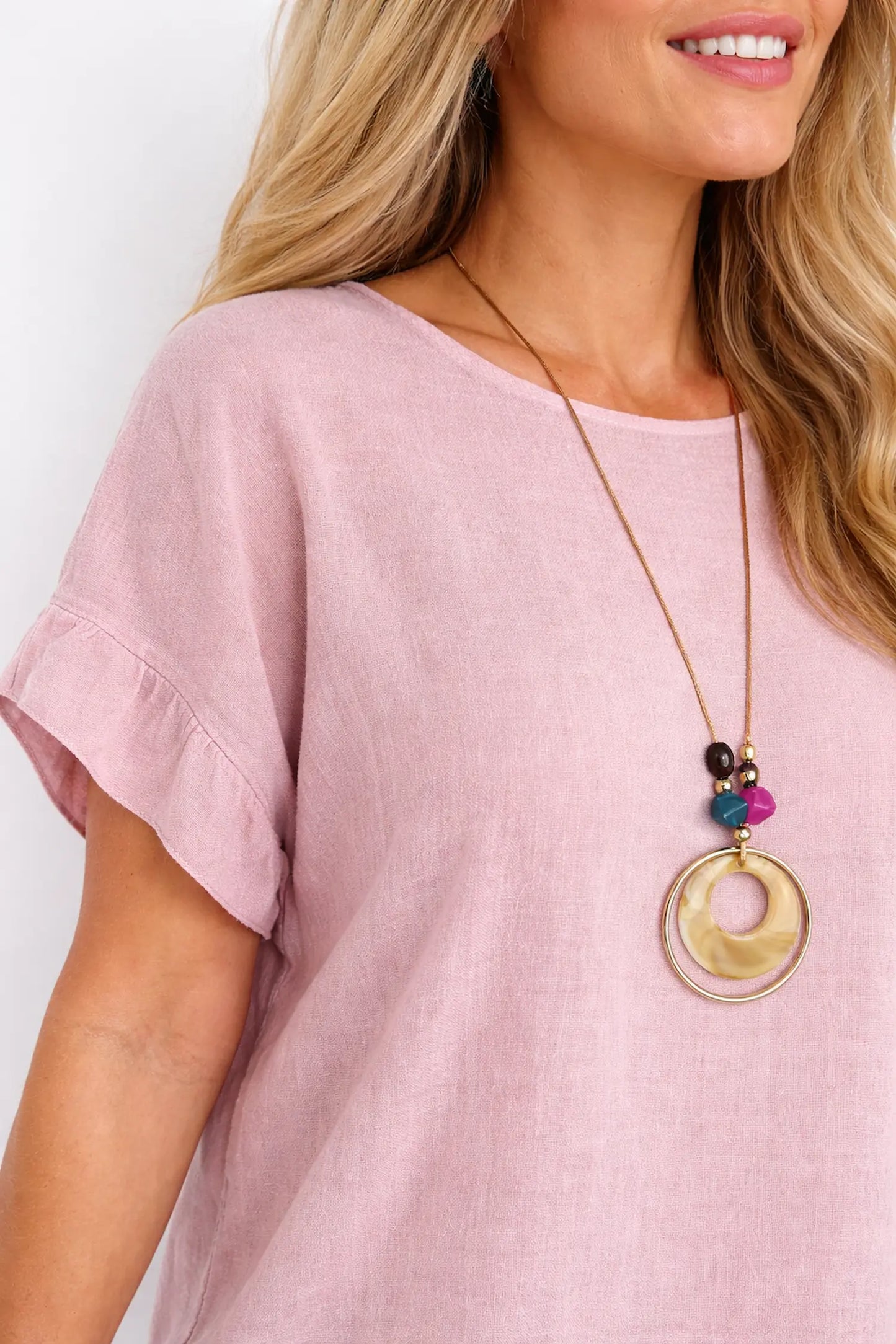 Linen Cotton Mix Frill Sleeve And Hem Iris Necklace Top - Washed Rosewood Pink