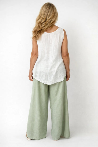 Elasticated Smocked Waist Patch Pocket Milan Wide Leg Pants - Sage