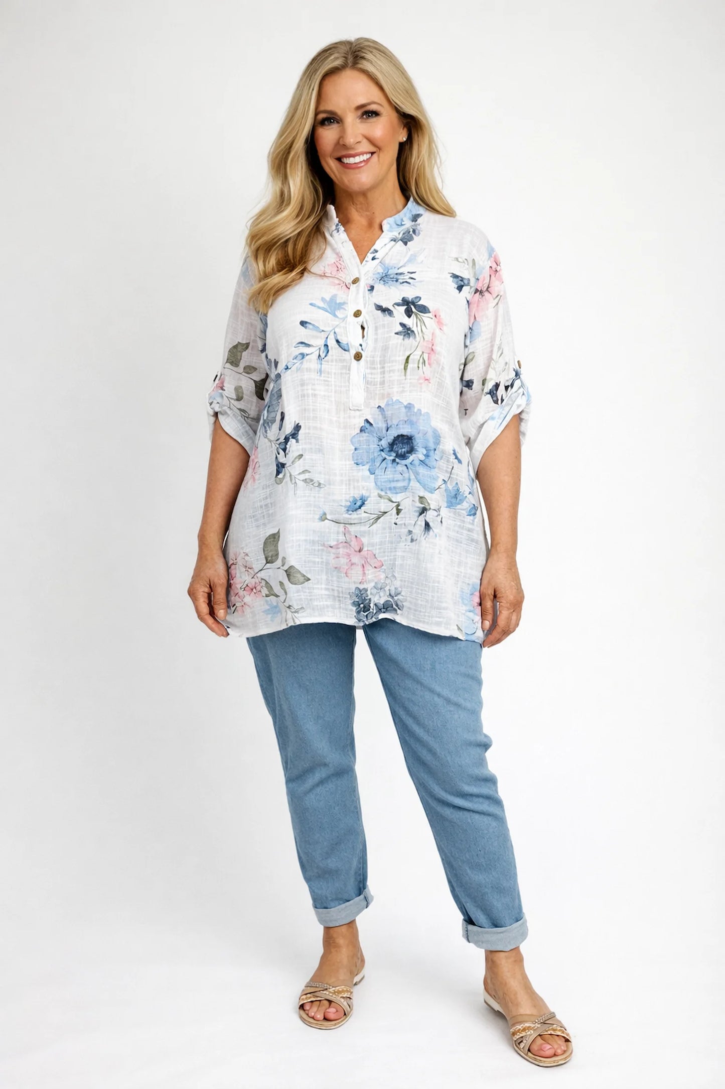 Pure Cotton Button Sleeve Julia Button Shirt - White