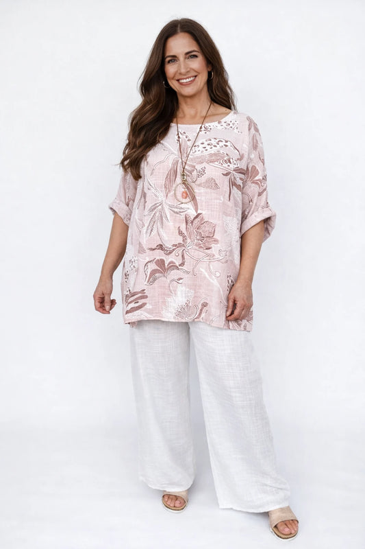 Linen Look Pure Cotton Drawstring Elasticated Waist Double Pocket Lucie Wide Leg Pant - White