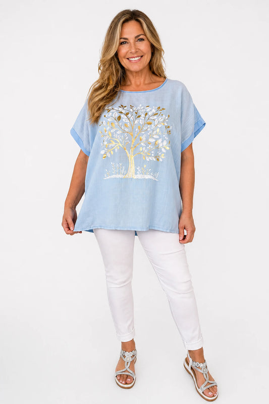 Linen Cotton Mix Diamanté Golden Leaf Carletta Top - Light Denim