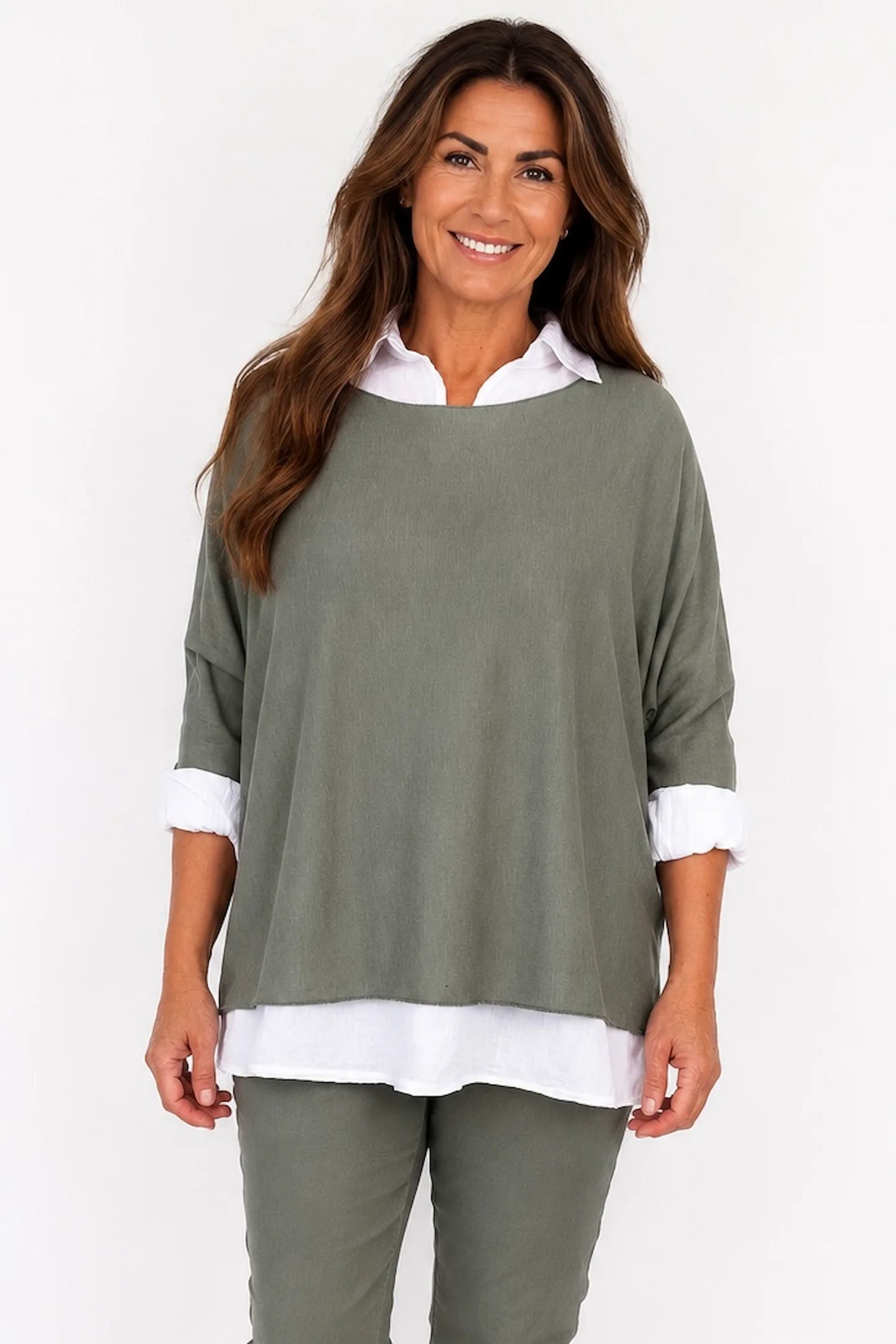 Cotton Fine Knit Two In One Mira Top - Khaki
