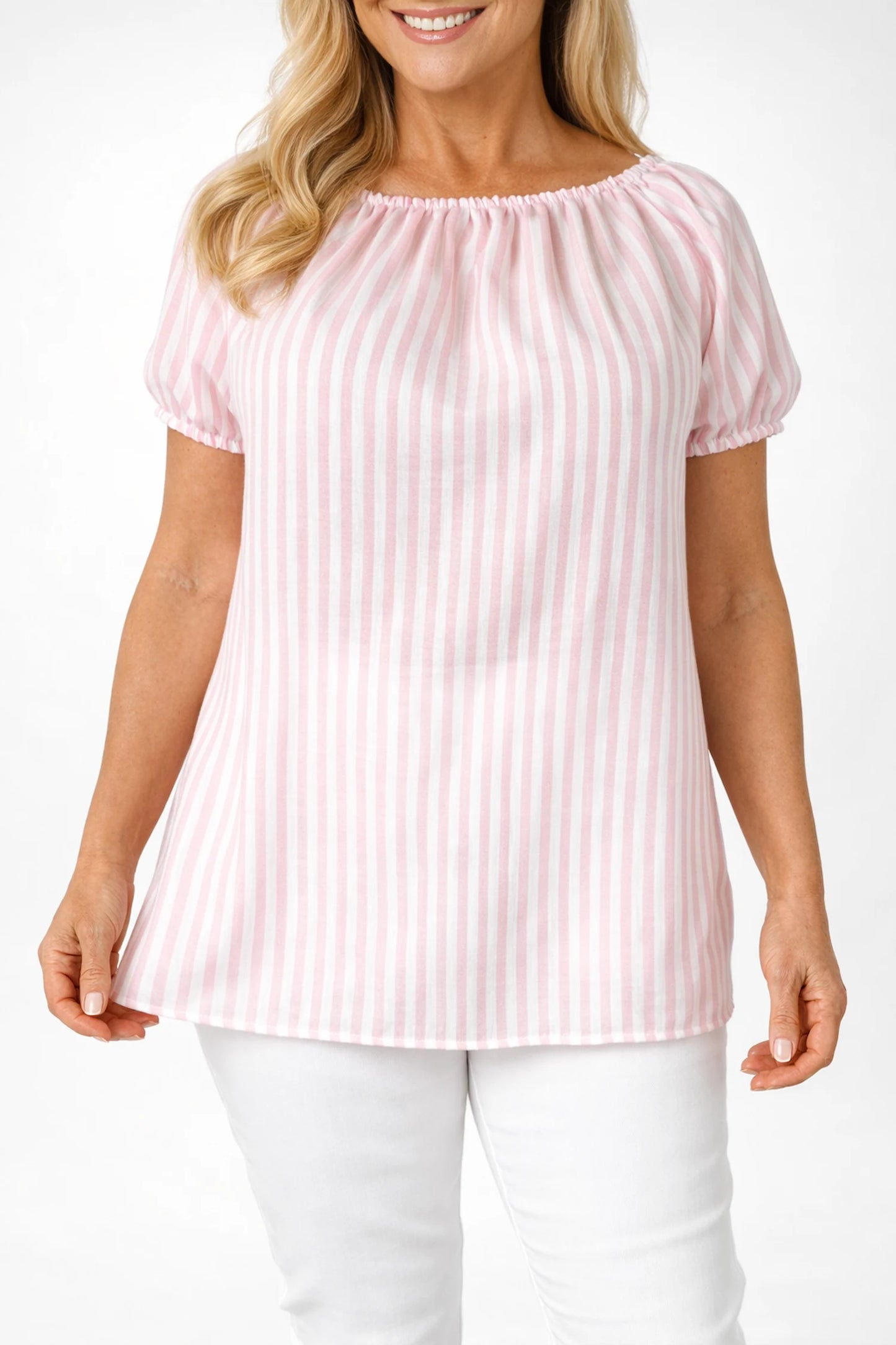 Candy Stripe Cotton Mix Elasticated Sleeve and Neckline Roxy Top - Baby Pink