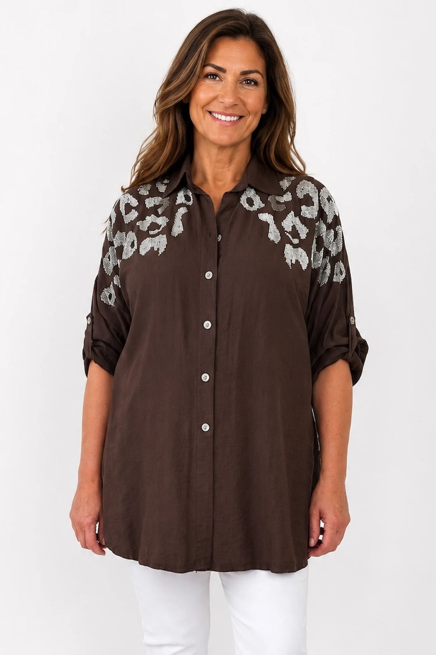 Premium Stitch Diamanté Button Sleeve Michaela Shirt - Chocolate