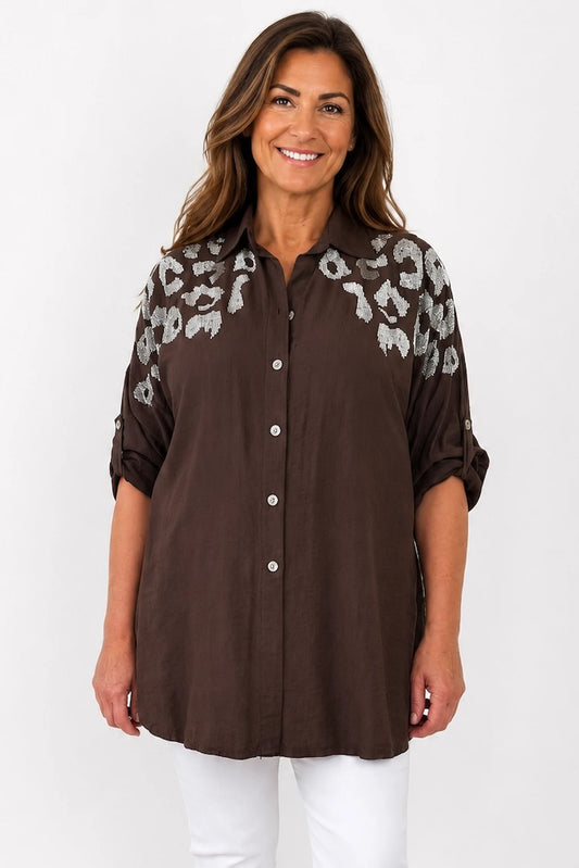 Premium Stitch Diamanté Button Sleeve Michaela Shirt - Chocolate