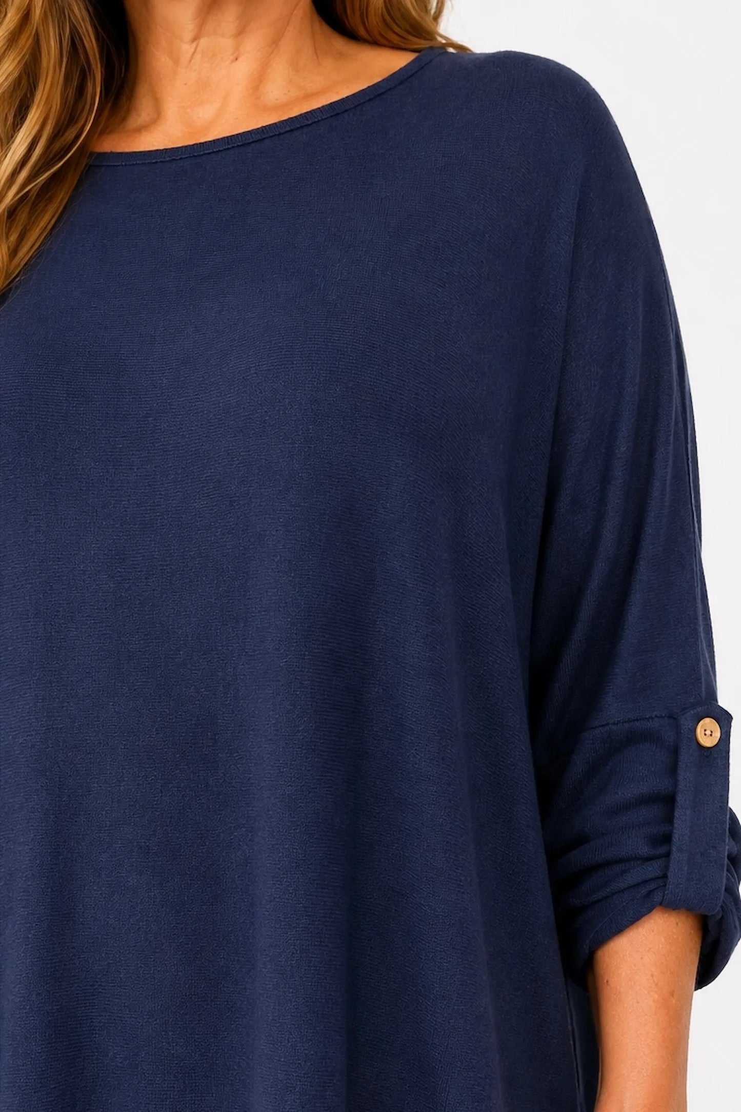 Fine Knit Button Sleeve Batwing Angelica Top - Navy