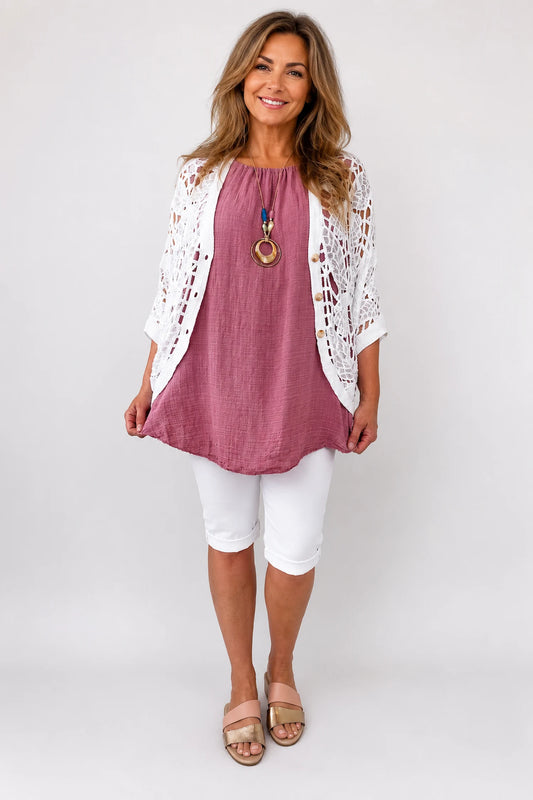 Pure Cotton Sadie Batwing Button Crochet Cardigan - White