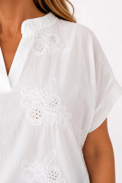 Pure Cotton Embroidered Floral Detail Mesh Sleeve/Back Lucia Shirt - White
