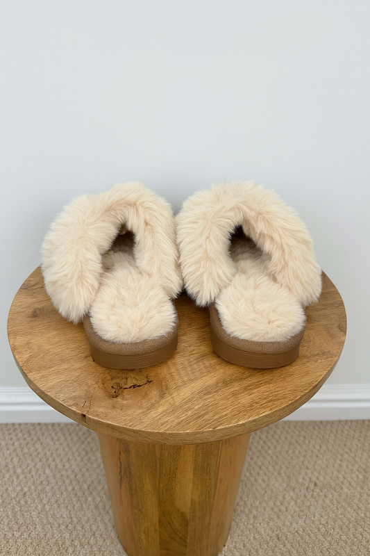 Faux Suede and Faux Fur Trim Slippers - Tan Brown