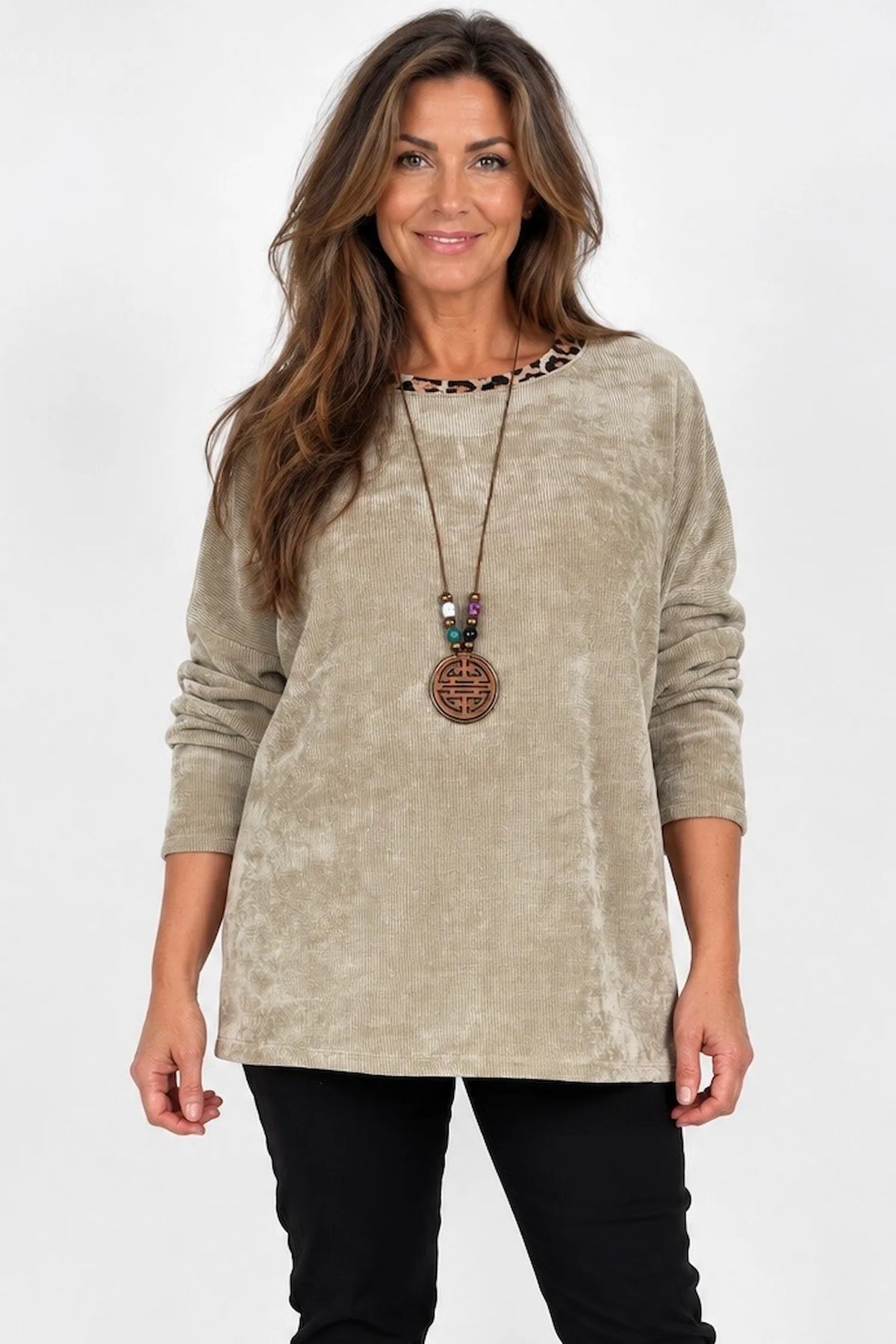Bella Leopard Line Chenille Necklace Top - Beige