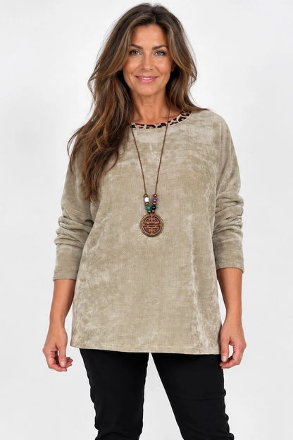 Bella Leopard Line Chenille Necklace Top - Beige