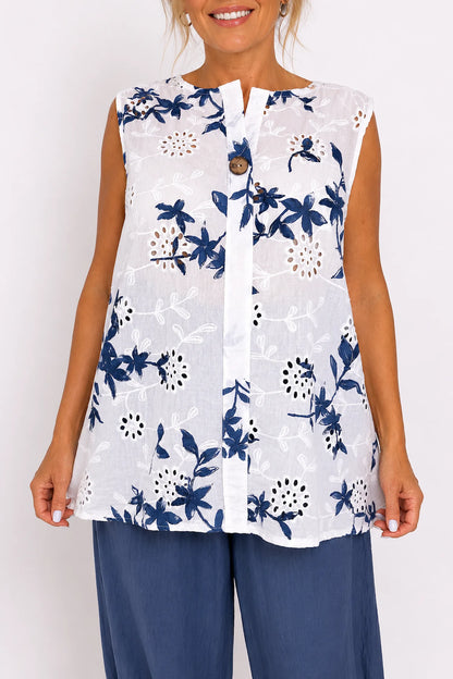 Pure Cotton Button Detail Embroidery Anglaise Mirella Sleeveless Top - Denim