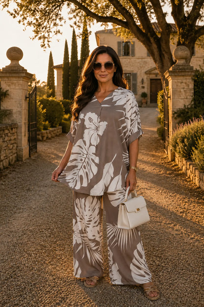 Tropical Print Lightweight Flow Carrisa Top - Mocha