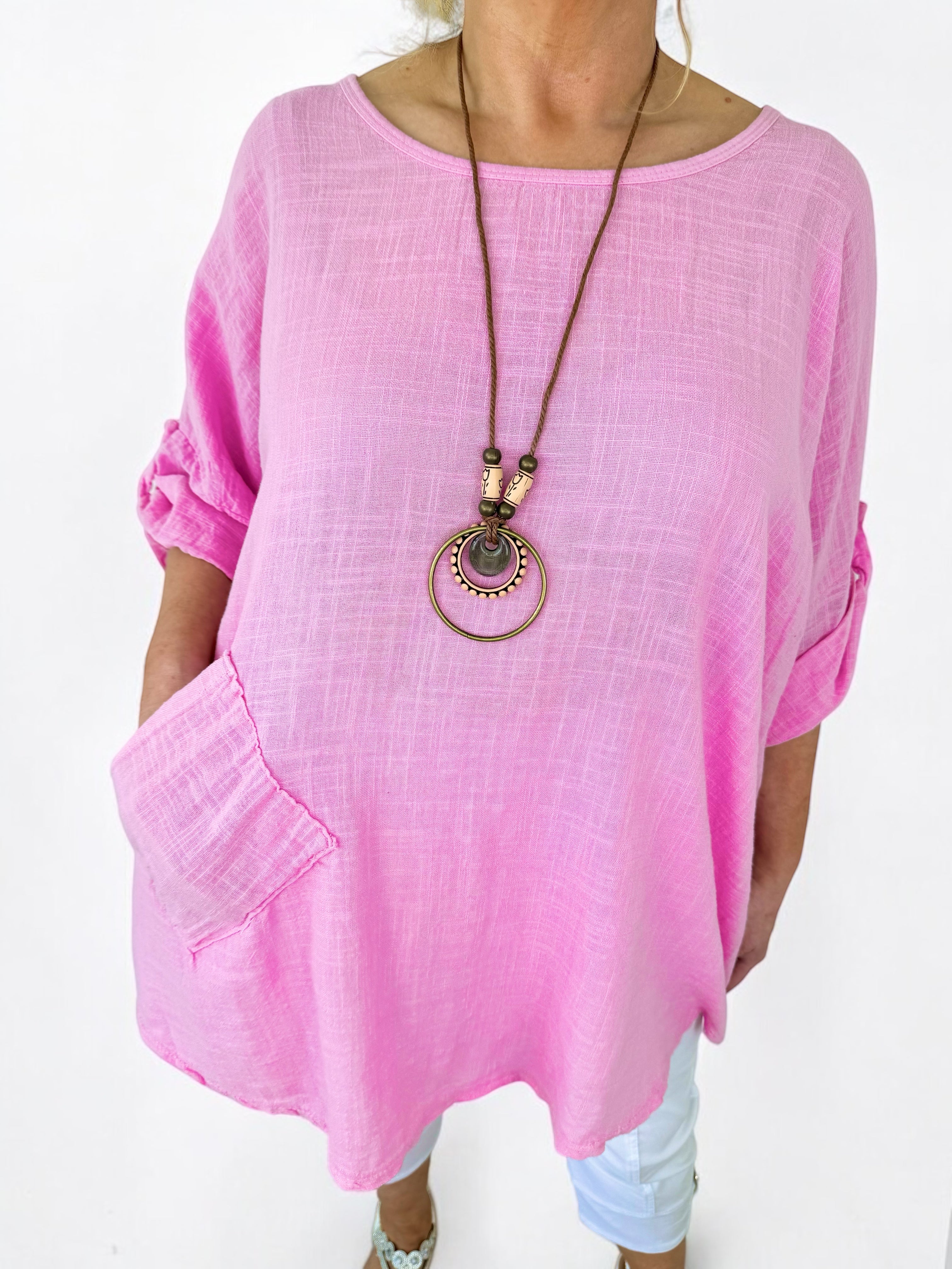 Pure Cotton Pocket Detail Button Sleeve Venice Necklace Top - Baby Pink