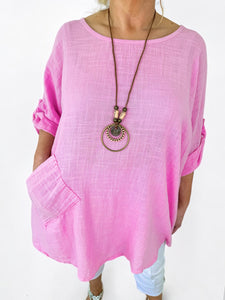 Pure Cotton Pocket Detail Button Sleeve Venice Necklace Top - Baby Pink