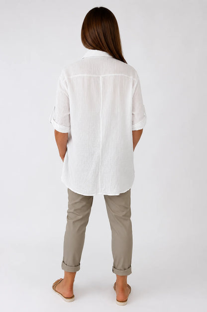 Pure Bubble Cotton Embroidery Anglaise Daphne Button Sleeve Shirt - White