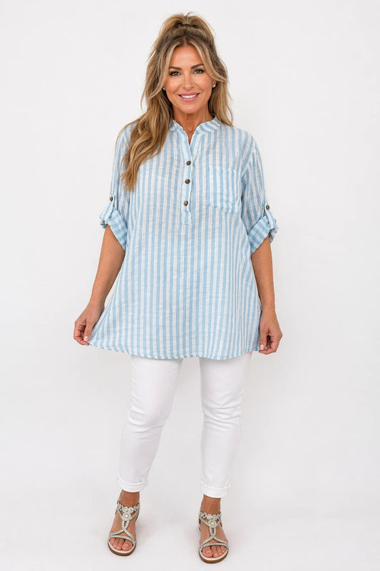 Linen Look Pure Cotton Pocket Detail Cruze Button Sleeve Stripe Shirt - Azure Blue