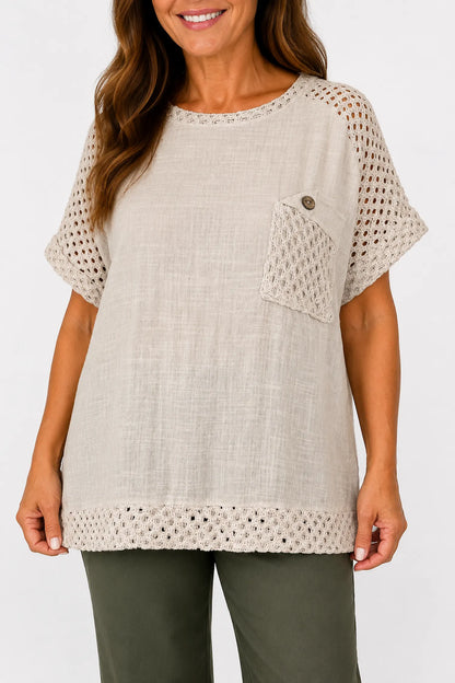 Pure Cotton Crochet Detail Button Pocket Palermo Top - Beige
