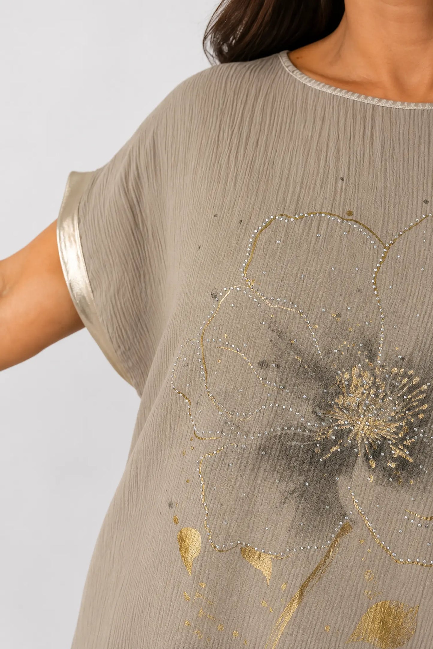 Lightly Textured Golden Diamanté Clover Gold Trim Diana Top - Mocha