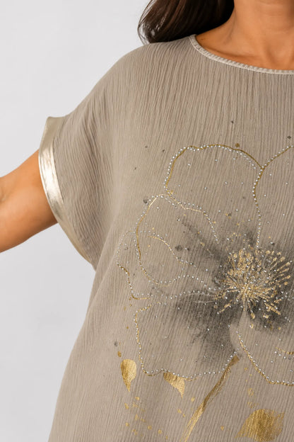 Lightly Textured Golden Diamanté Clover Gold Trim Diana Top - Mocha
