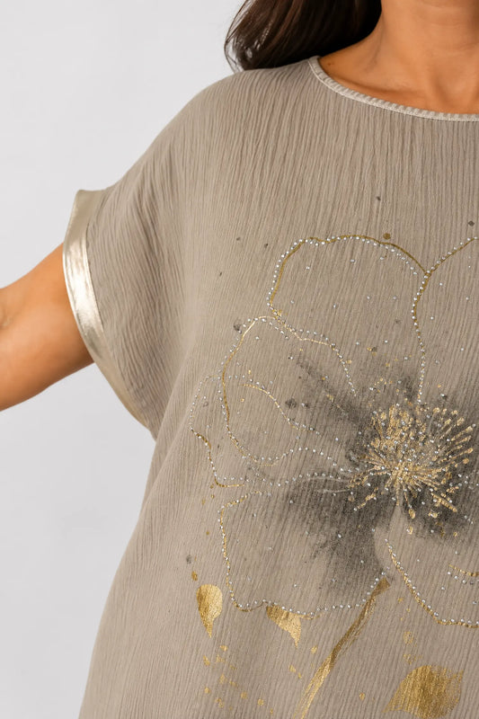 Lightly Textured Golden Diamanté Clover Gold Trim Diana Top - Mocha