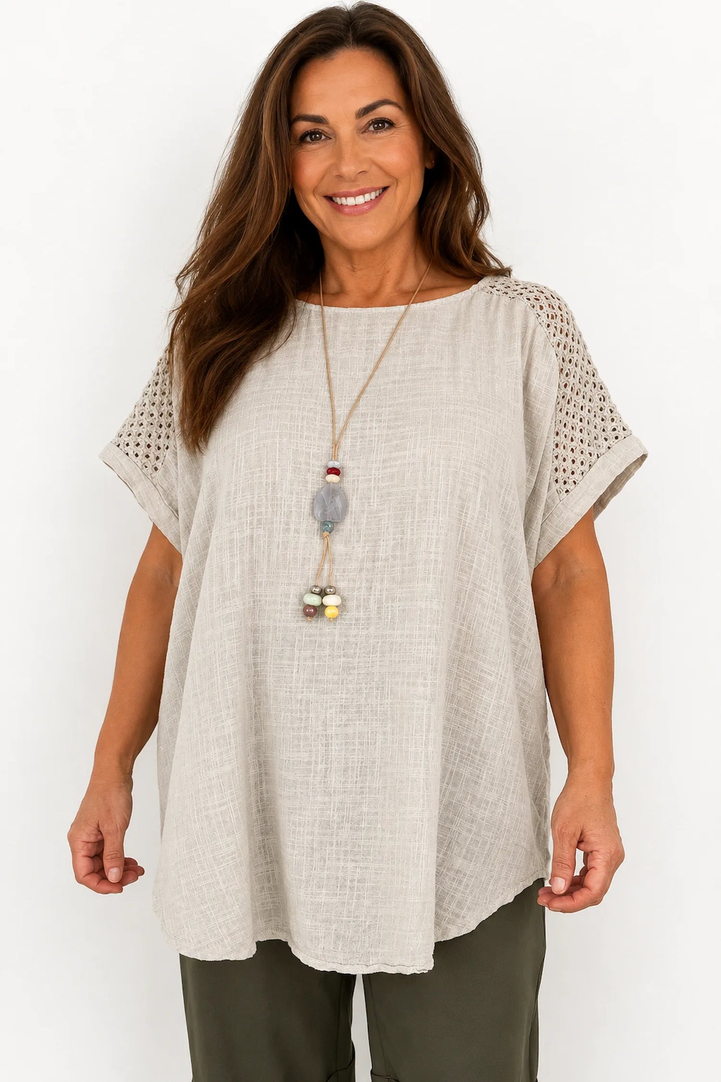 Pure Cotton Crochet Detail Francesca Necklace Top - Beige