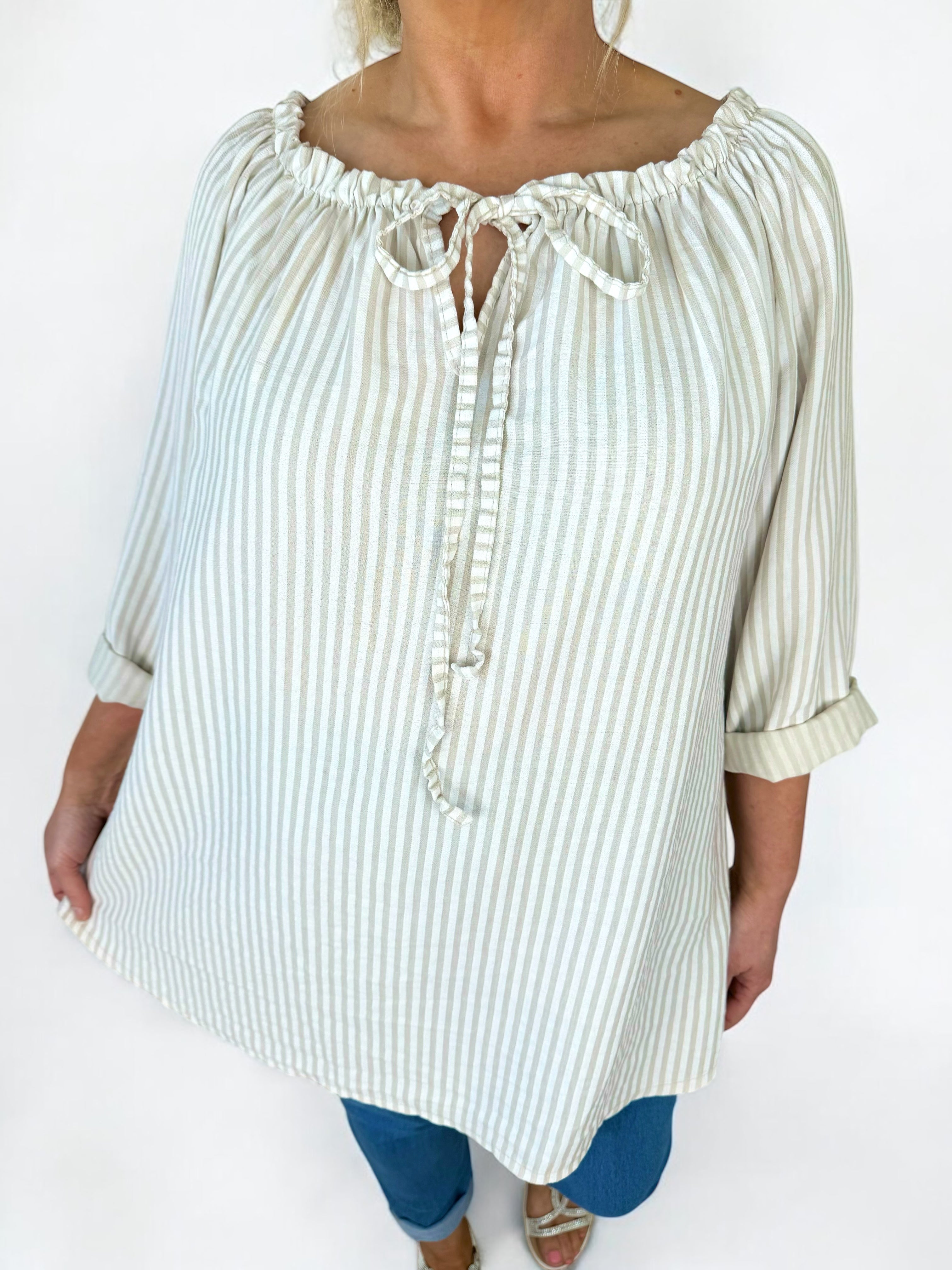 Tied Detail Stripe Valencia Top - Beige