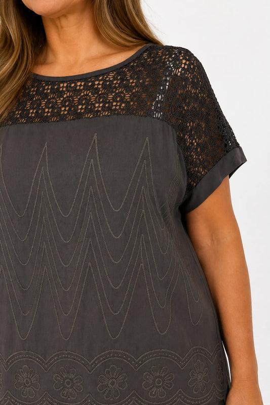 Crochet Detail Embroidery Anglaise Hem Francis Top - Chocolate