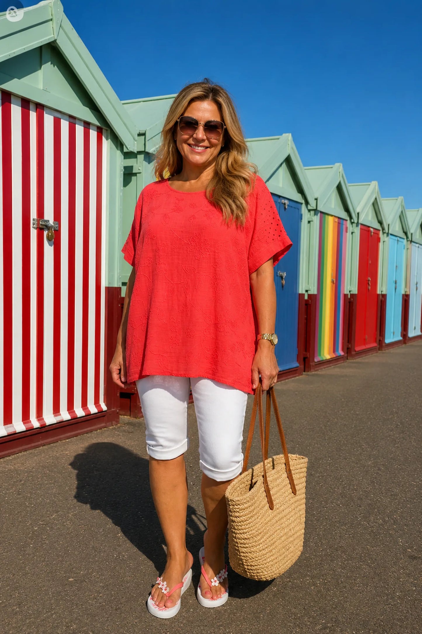 Pure Cotton Embroidery Anglaise Crochet Sleeve Devure Top - Coral