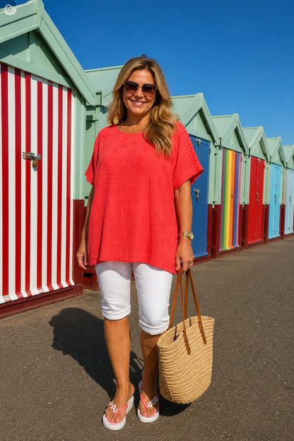Pure Cotton Embroidery Anglaise Crochet Sleeve Devure Top - Coral