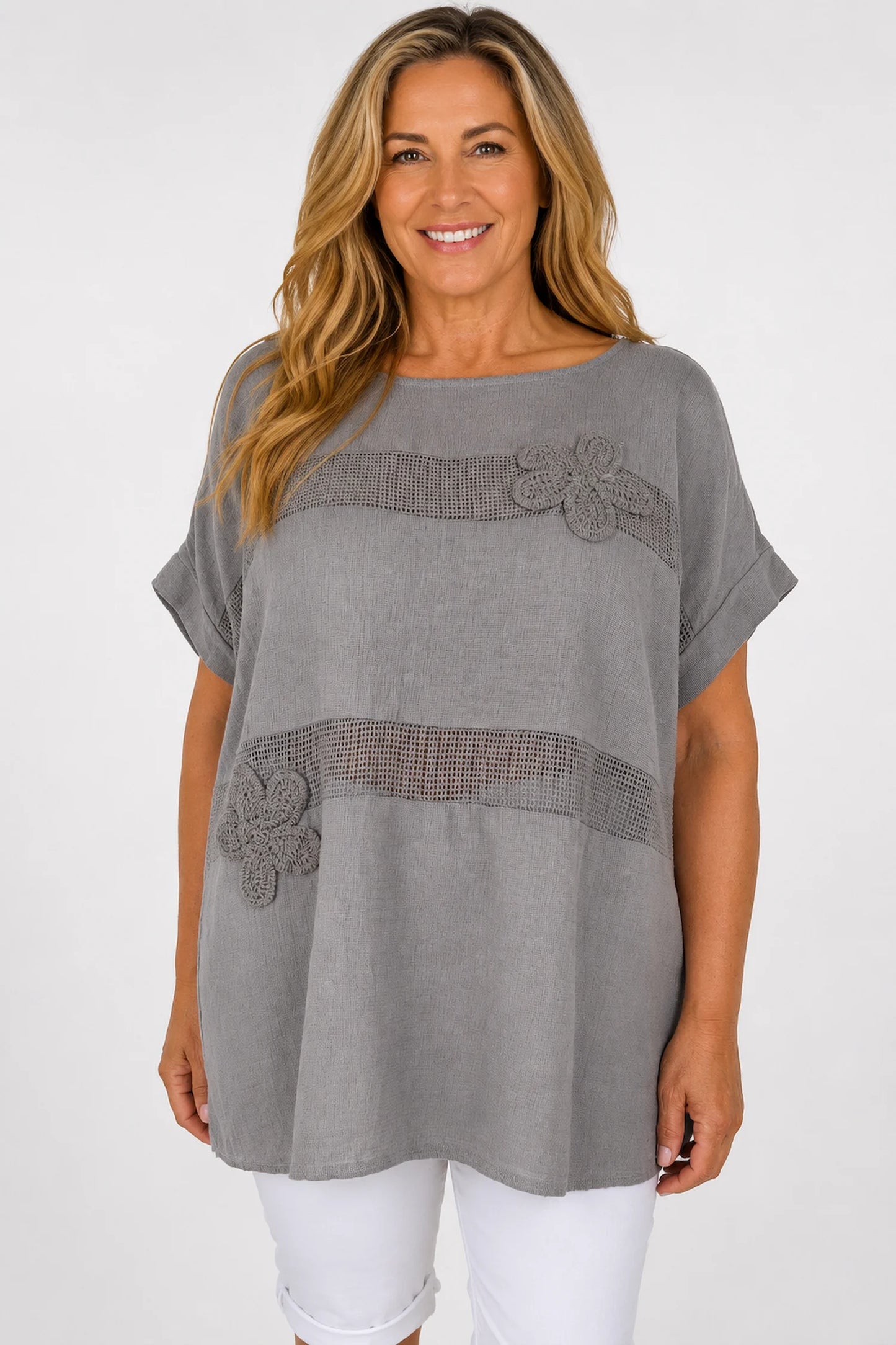 Pure Cotton Embroidered Flower Mesh Detail Capari Top - Mocha