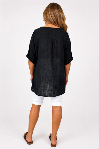 Linen Look Pure Cotton Button Detail Pocket Venice Top - Black