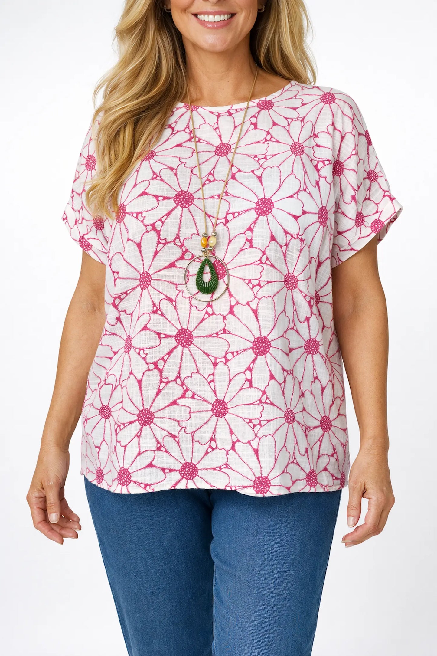 Pure Cotton Velina Floral Necklace Top - Deep Pink