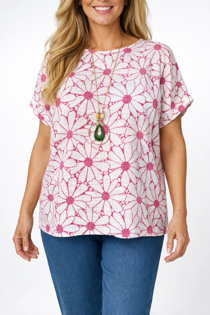 Pure Cotton Velina Floral Necklace Top - Deep Pink