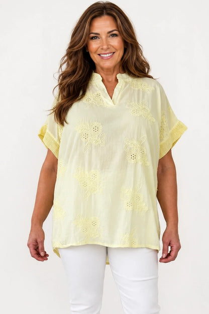 Pure Cotton Embroidered Floral Detail Mesh Sleeve/Back Lucia Shirt - Limoncello