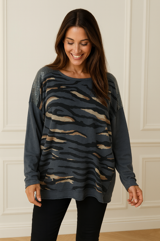 Cotton Sequin Shoulder Amari Top - Wolf Grey