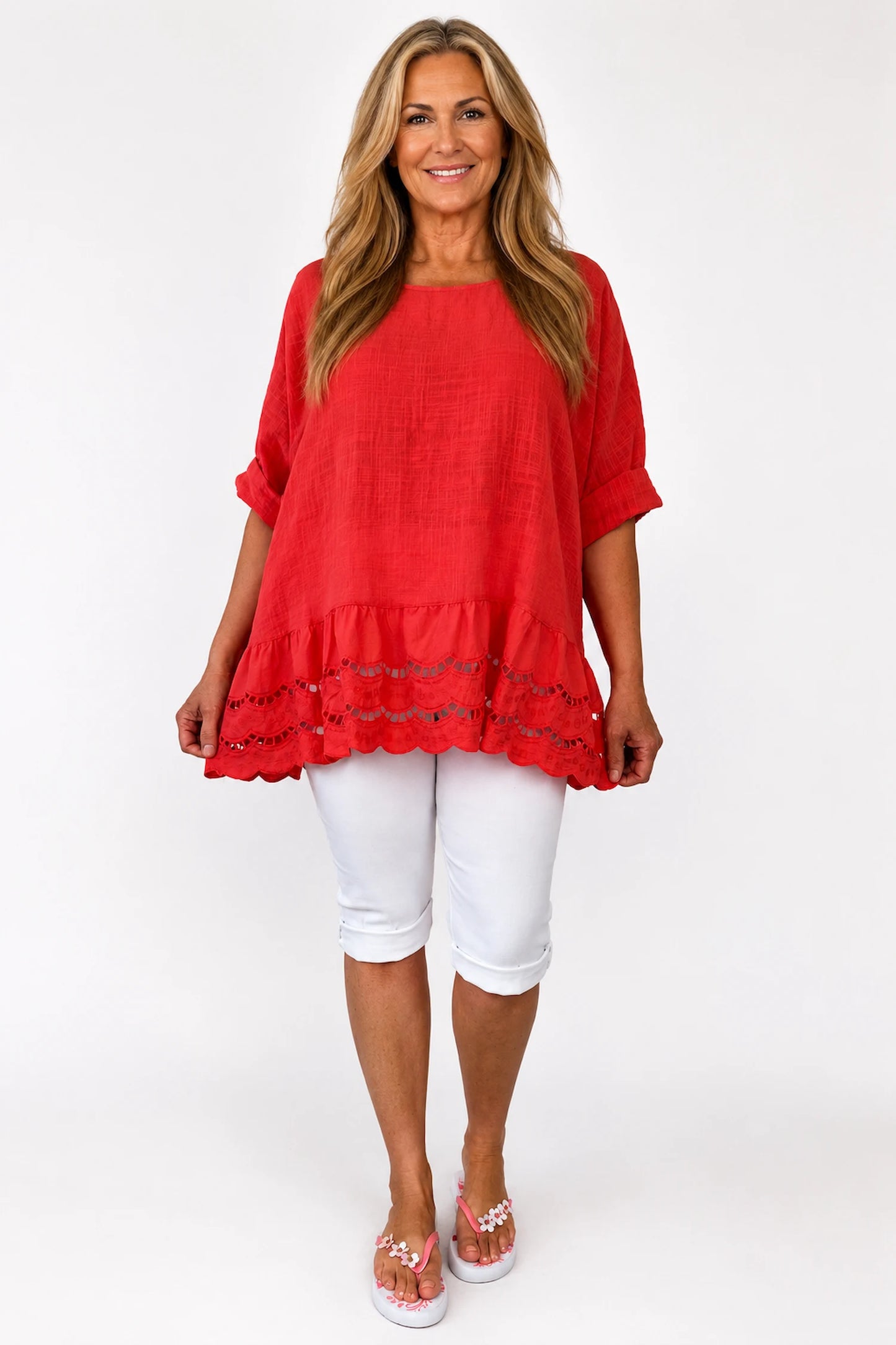 Pure Cotton Embroidery Anglaise Crochet Hem Caprina Top - Coral Red