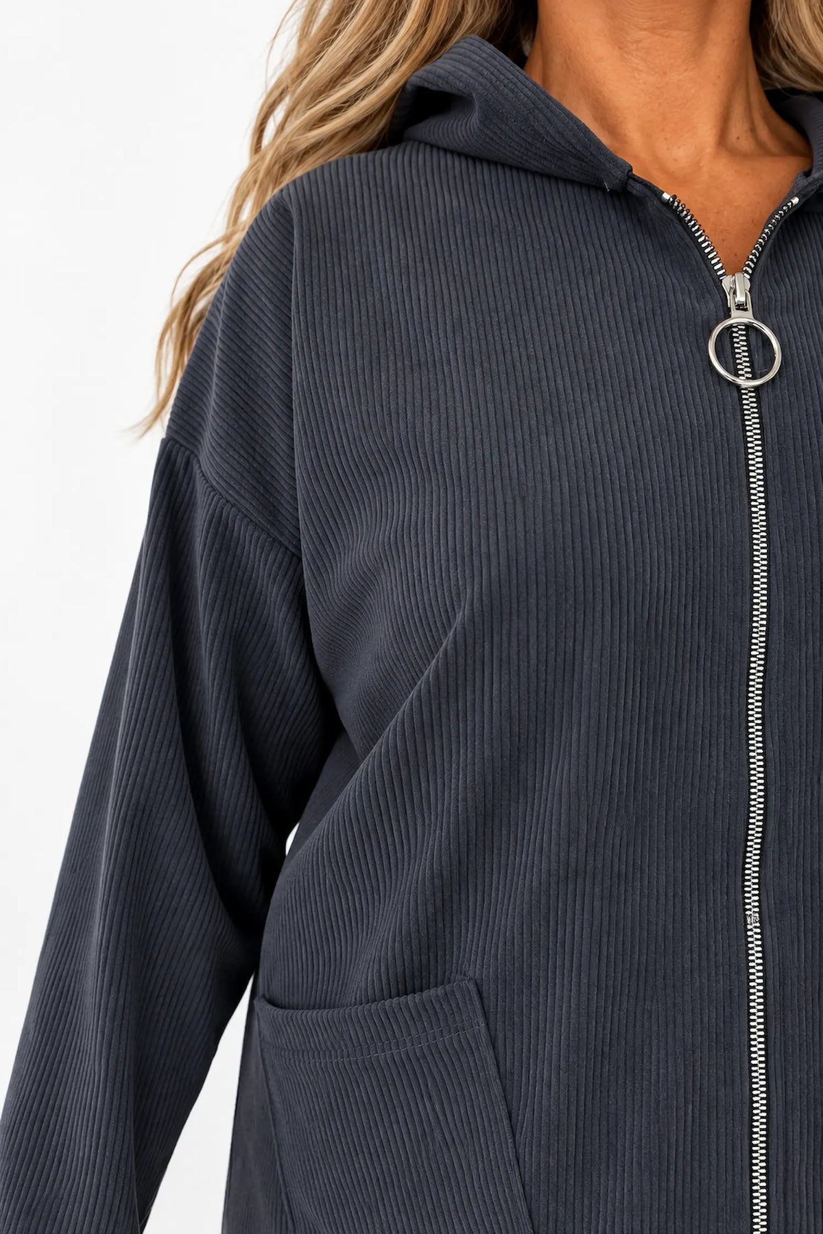 Double Pocket Francis Cord Zipped Hooded Jacket - Charcoal