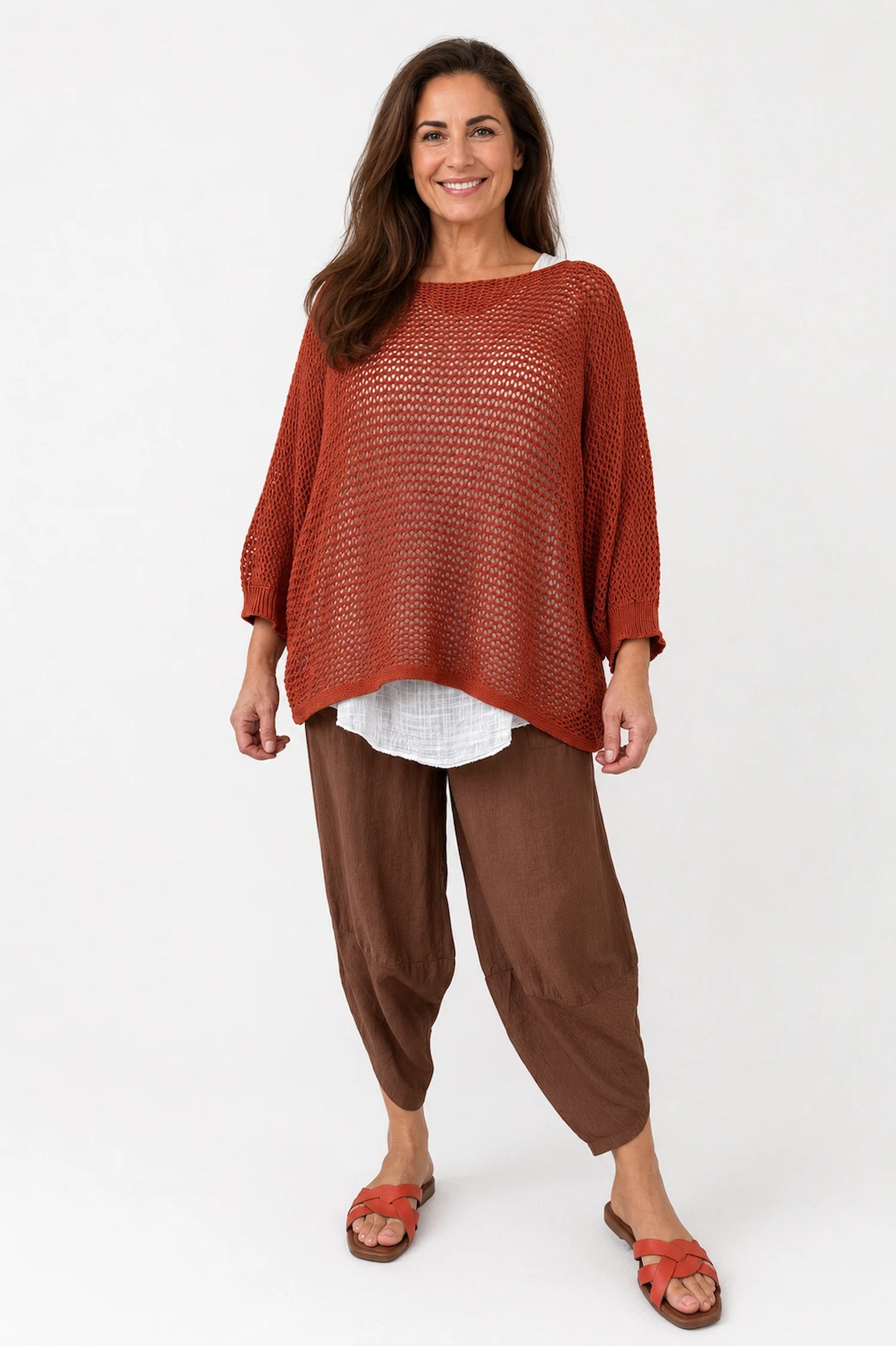 Pure Cotton Removable Tie Alexandra Batwing Crochet Top - Spice Terracotta
